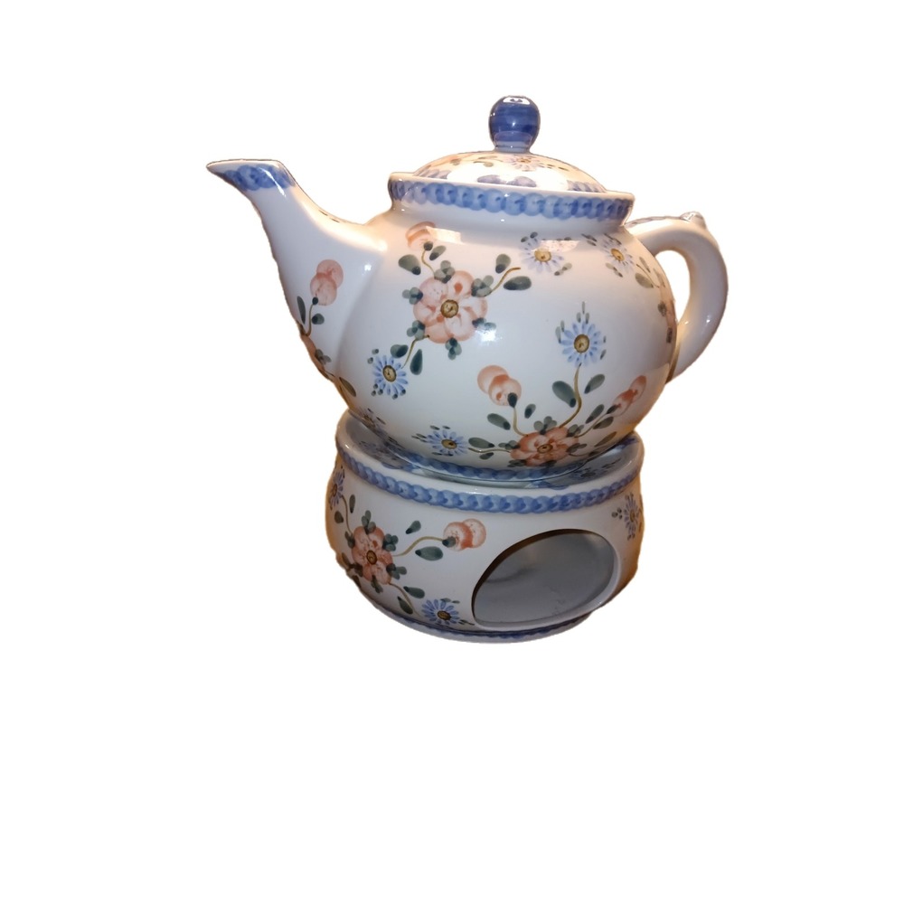Handmade Polish Teapot with Warmer, Floral Ceramic, Vintage Kitchen Decor